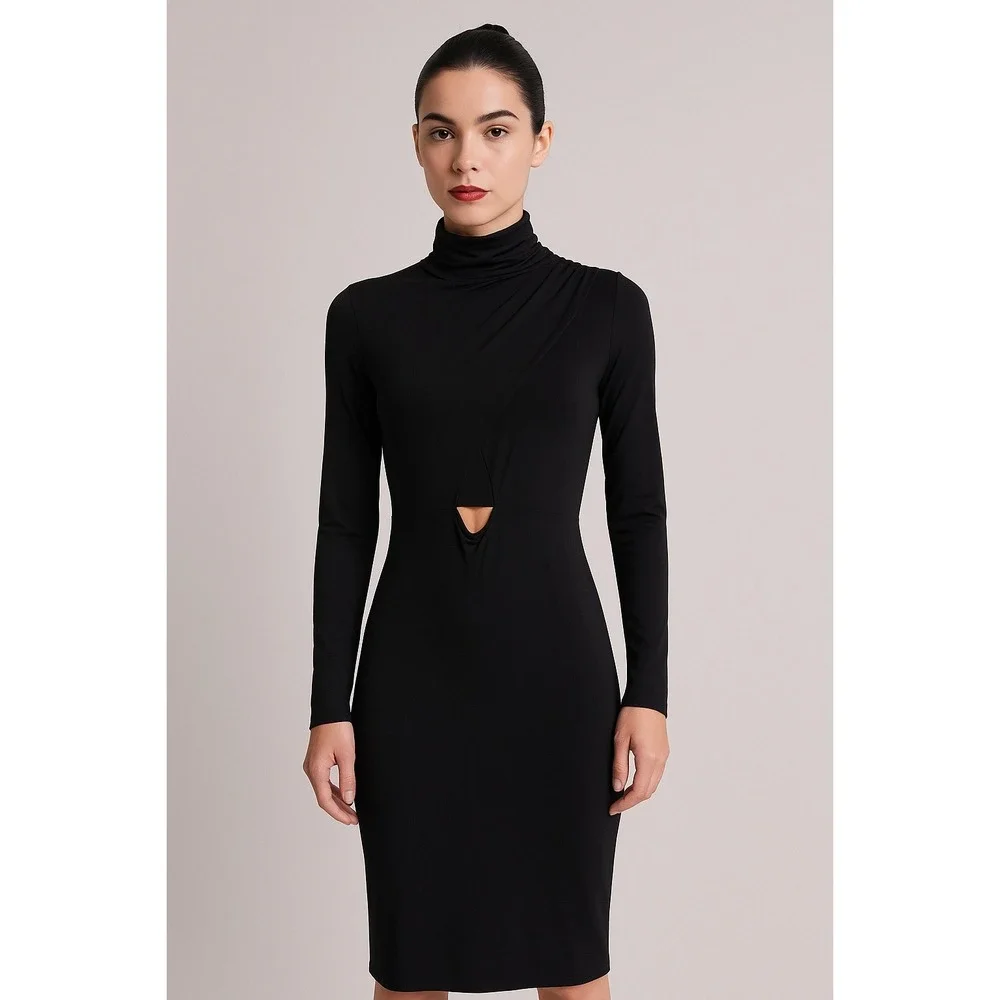 Miss Blush Black Bodycon Midi Dress Long Sleeve Mock Neck Cut Out Party